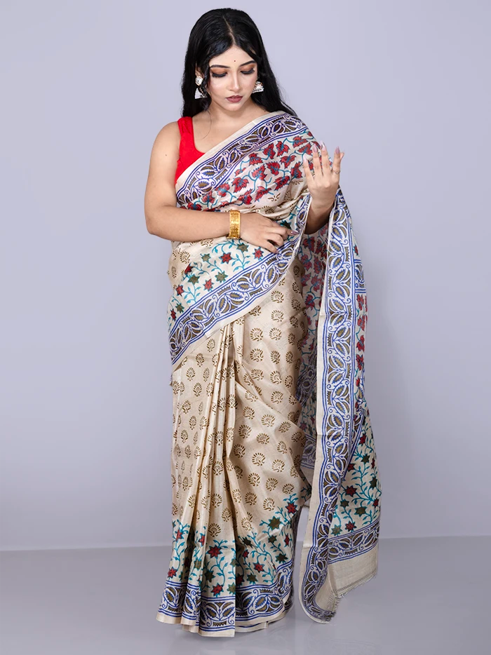 Elegant Allover Hand Painted Tussar Silk Saree