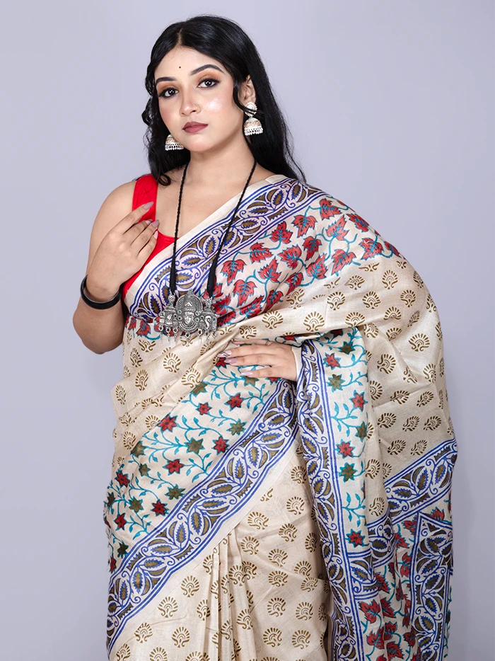Elegant Allover Hand Painted Tussar Silk Saree