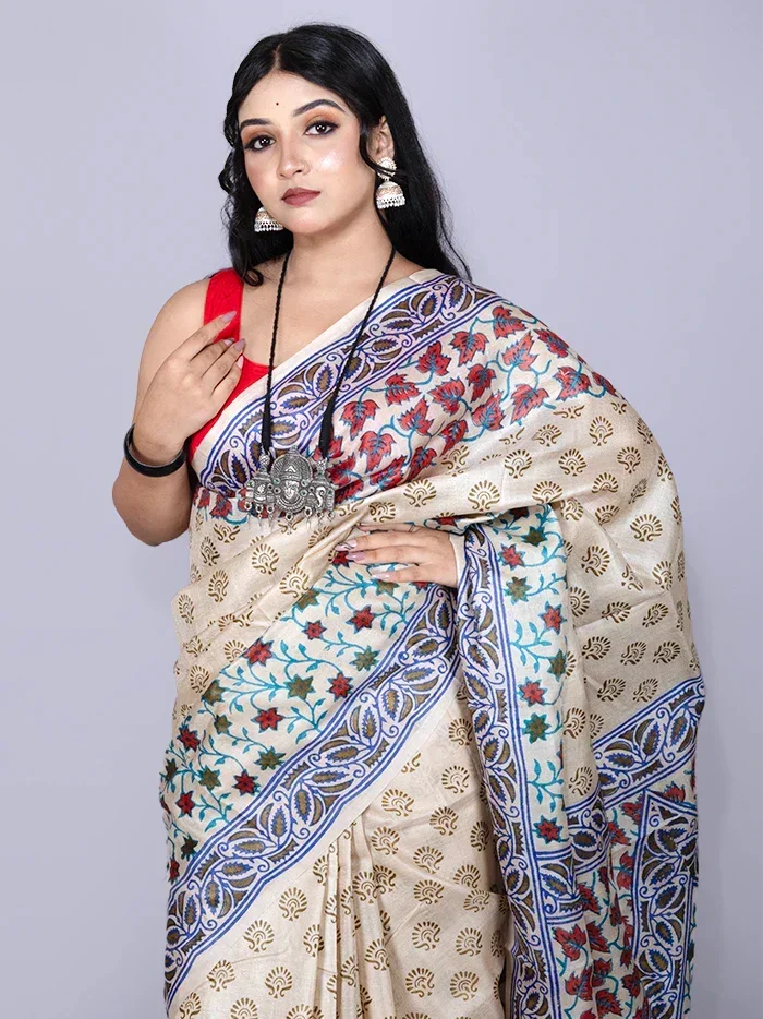 Elegant Allover Hand Painted Tussar Silk Saree