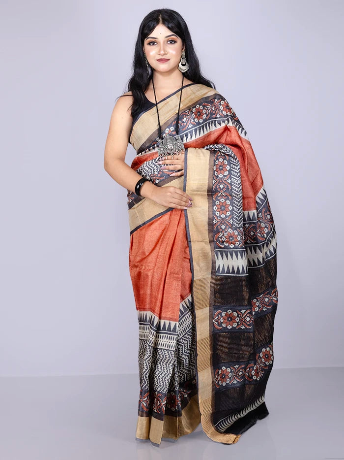 Elegant Rust Par Anchal Block Printed Tussar Silk Saree