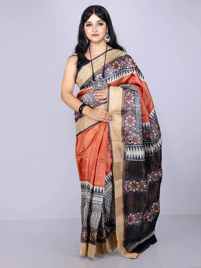 Elegant Rust Par Anchal Block Printed Tussar Silk Saree - WeaversIndia