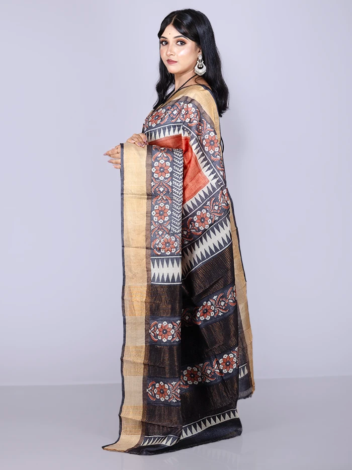 Elegant Rust Par Anchal Block Printed Tussar Silk Saree