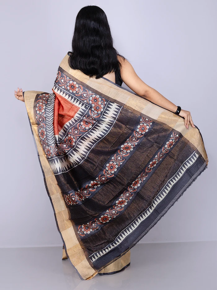 Elegant Rust Par Anchal Block Printed Tussar Silk Saree