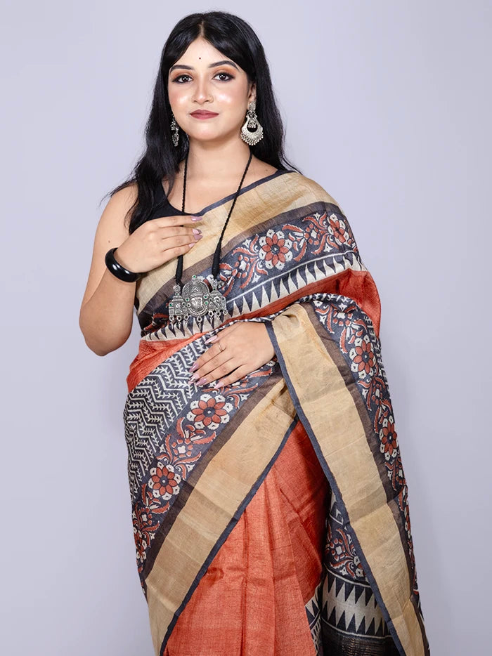 Elegant Rust Par Anchal Block Printed Tussar Silk Saree