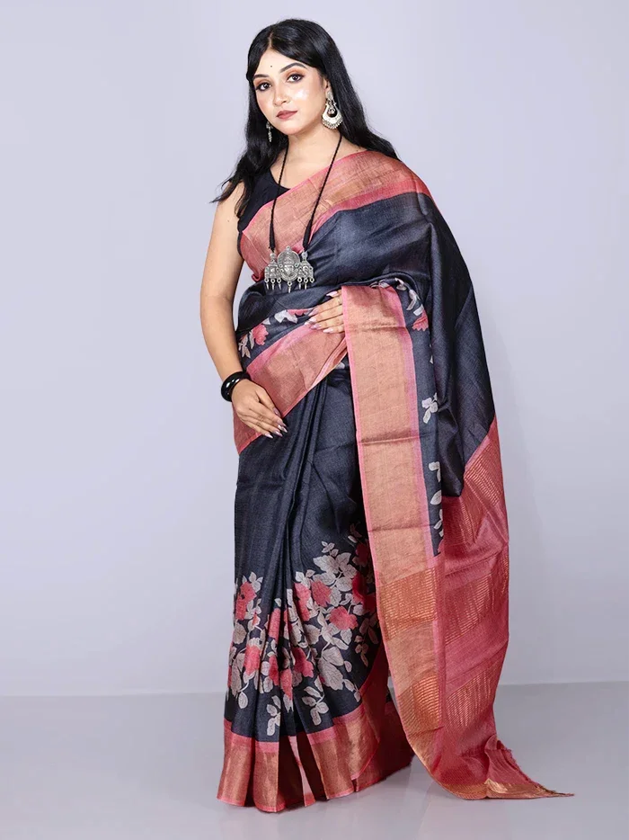 Elegant Black Par Anchal Block Printed Tussar Silk Saree - WeaversIndia