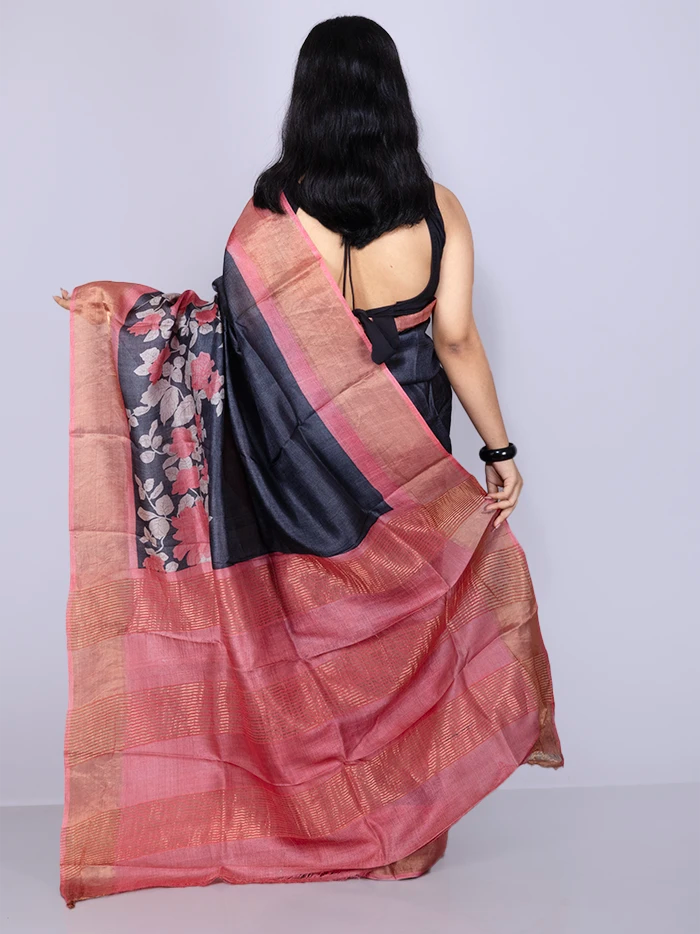 Elegant Black Par Anchal Block Printed Tussar Silk Saree