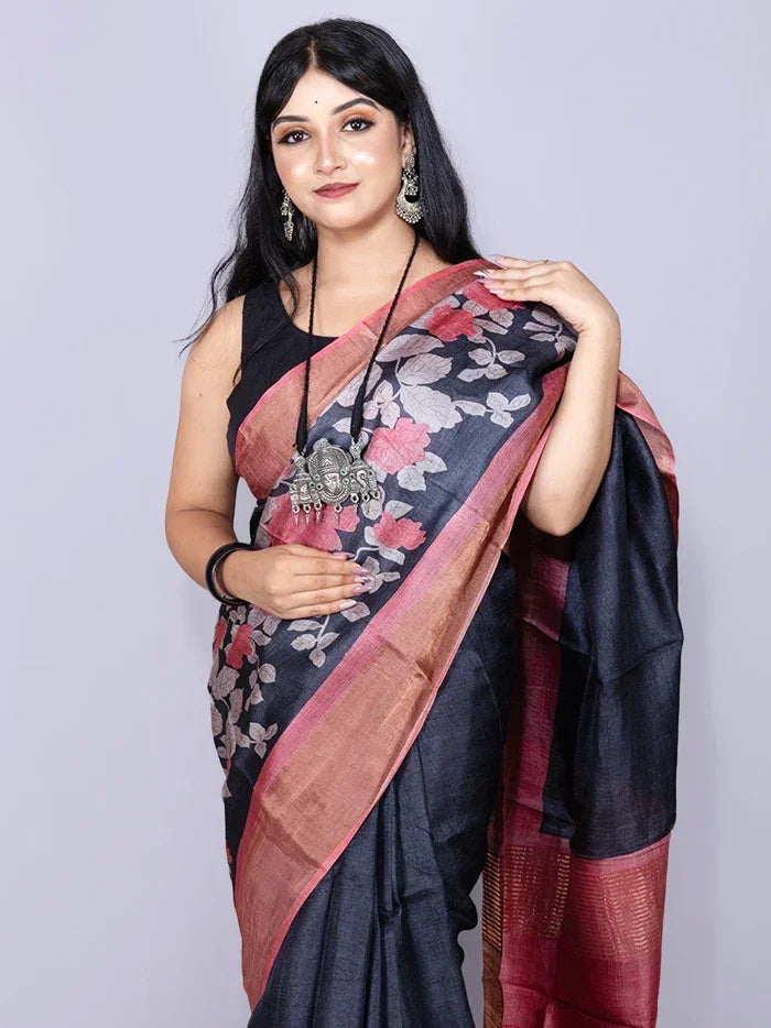 Elegant Black Par Anchal Block Printed Tussar Silk Saree - WeaversIndia