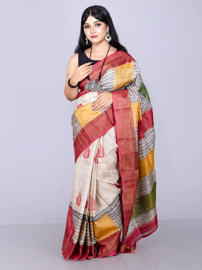 Elegant Natural Colour Allover Block Printed Tussar Silk Saree