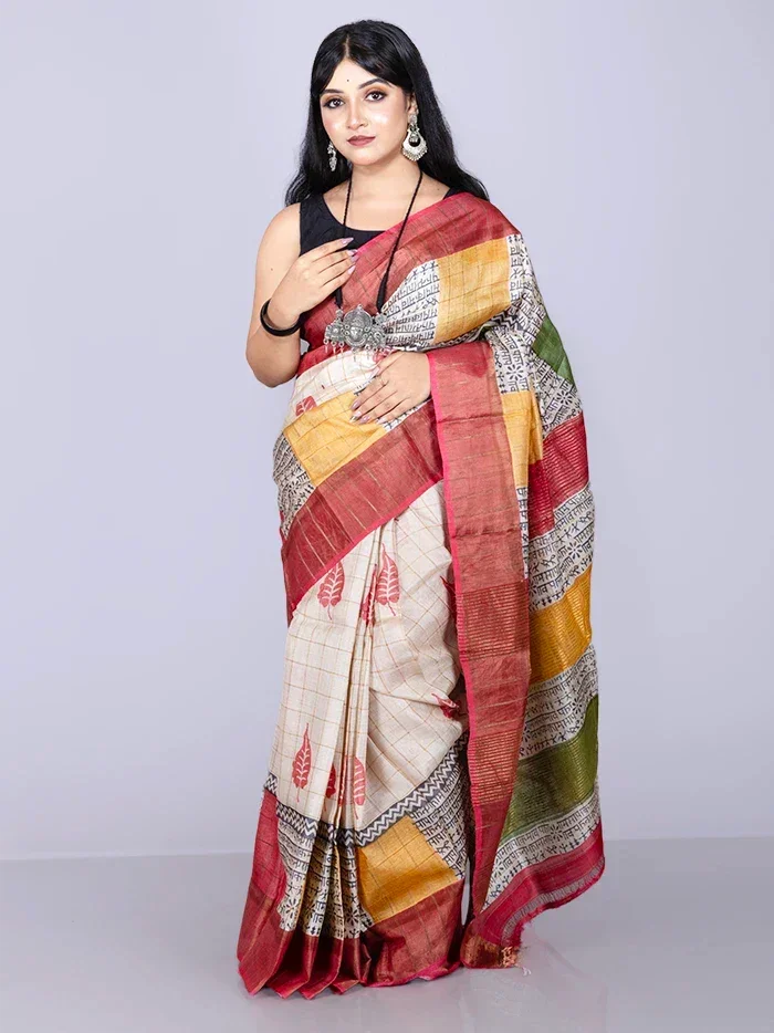 Elegant Natural Colour Allover Block Printed Tussar Silk Saree - WeaversIndia