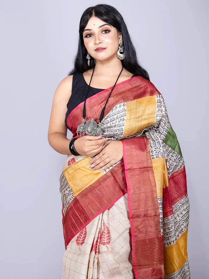 Elegant Natural Colour Allover Block Printed Tussar Silk Saree - WeaversIndia