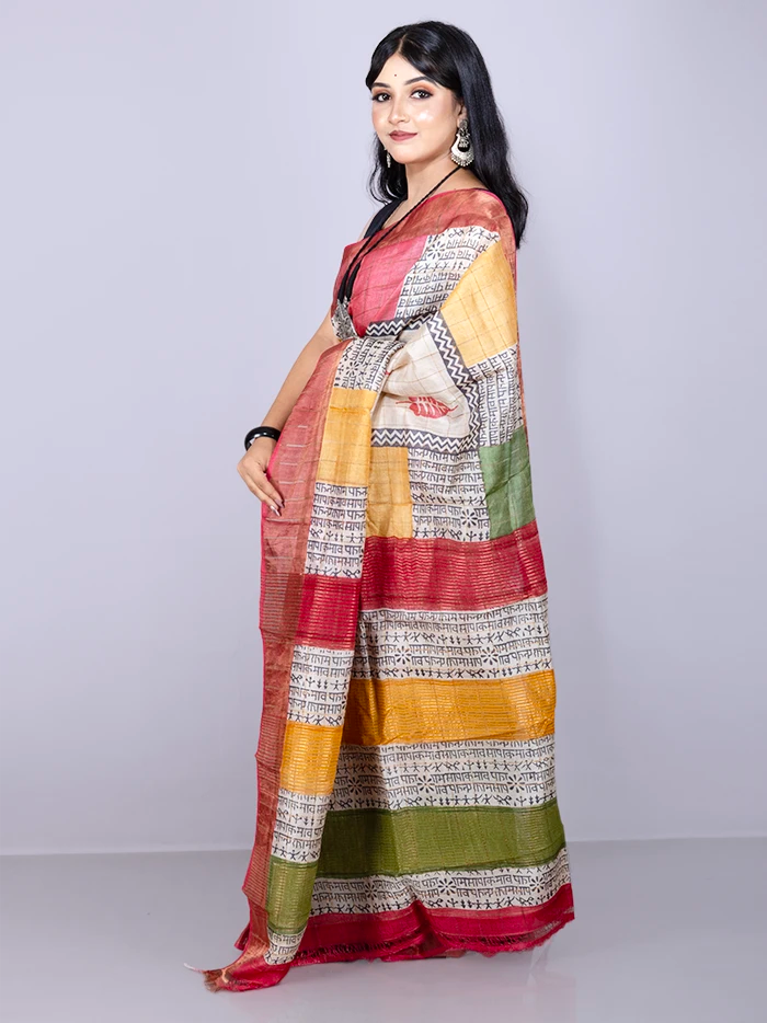 Elegant Natural Colour Allover Block Printed Tussar Silk Saree