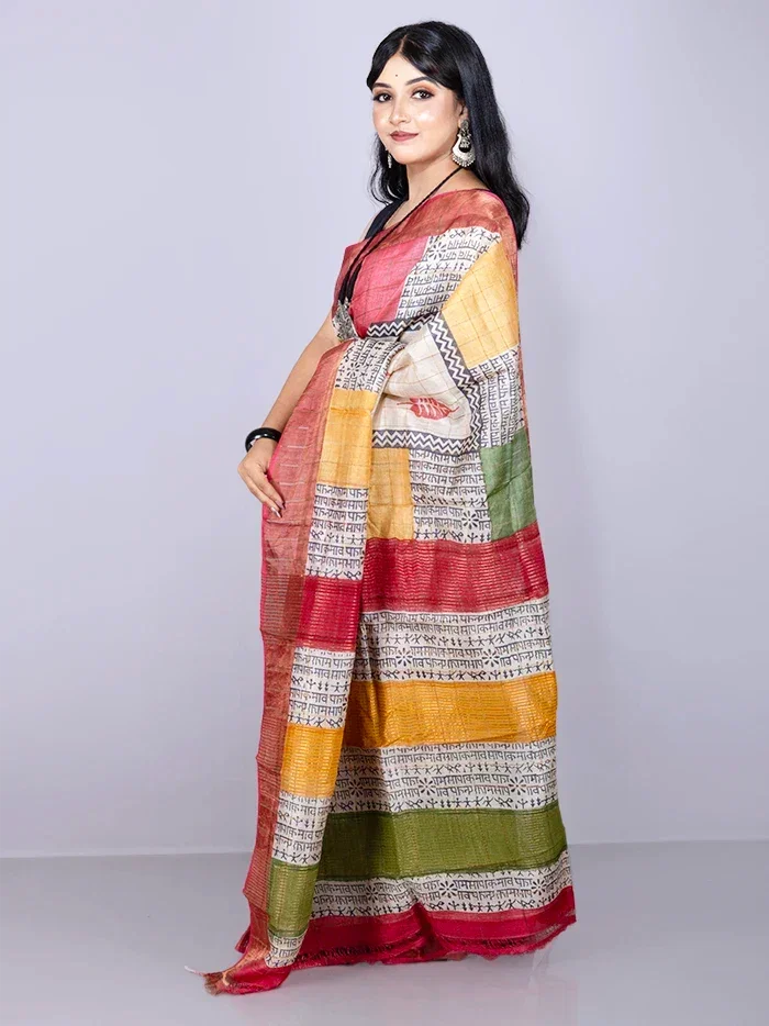 Elegant Natural Colour Allover Block Printed Tussar Silk Saree - WeaversIndia