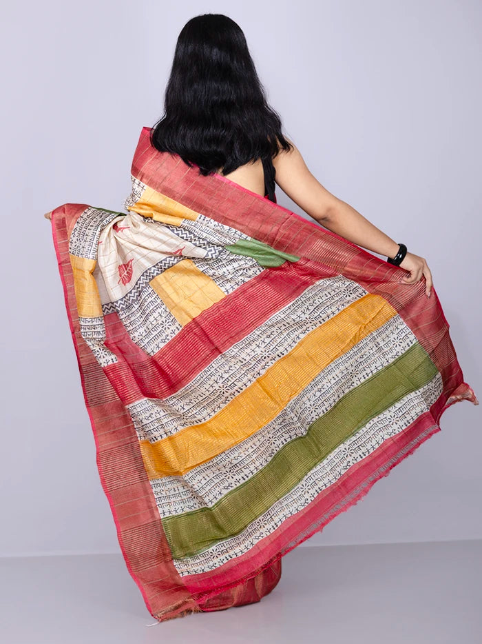 Elegant Natural Colour Allover Block Printed Tussar Silk Saree