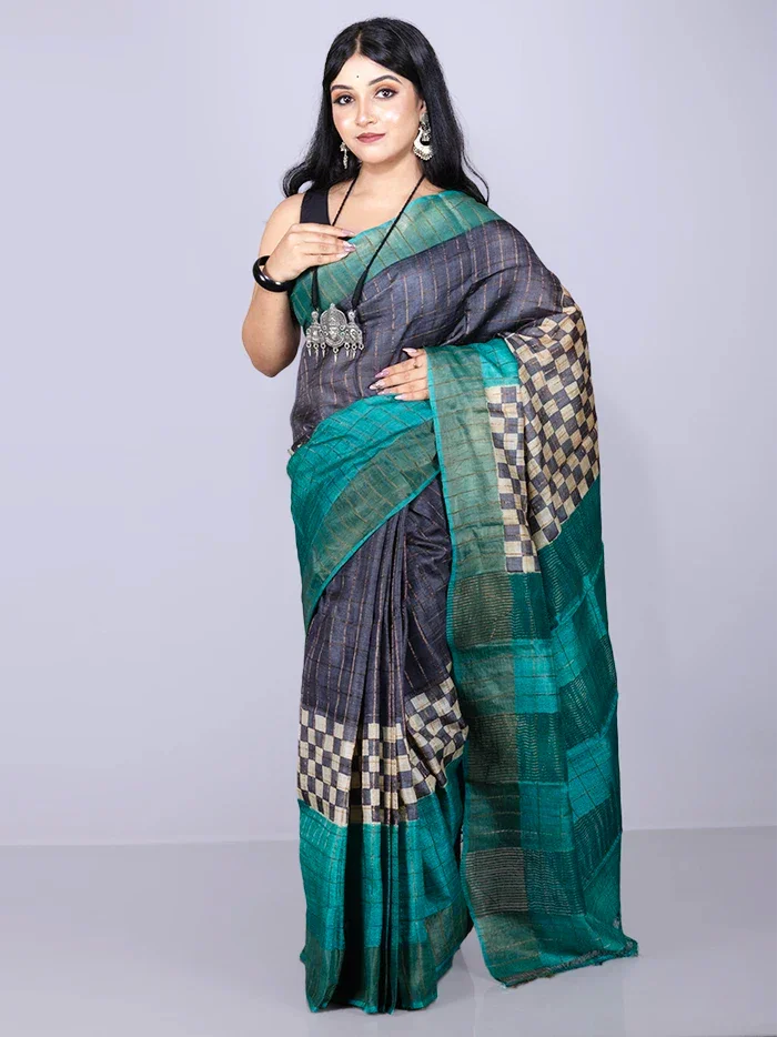 Elegant Black Allover Block Printed Tussar Silk Saree - WeaversIndia