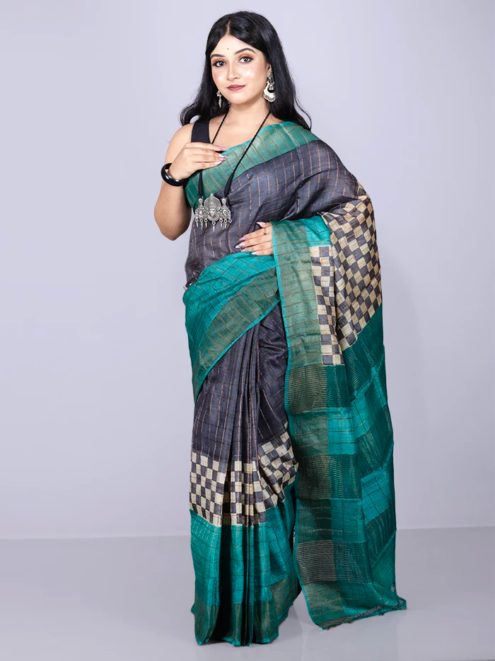 Elegant Black Allover Block Printed Tussar Silk Saree