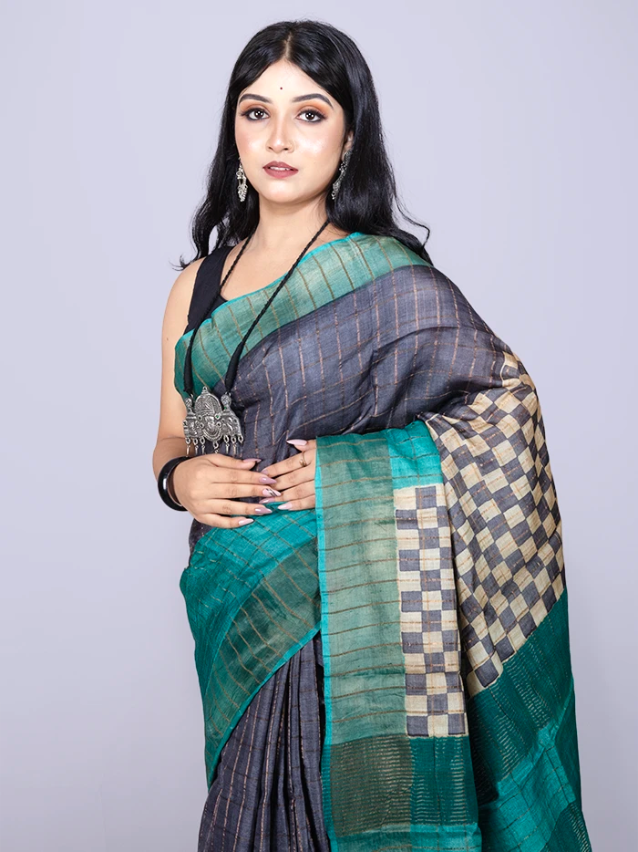 Elegant Black Allover Block Printed Tussar Silk Saree