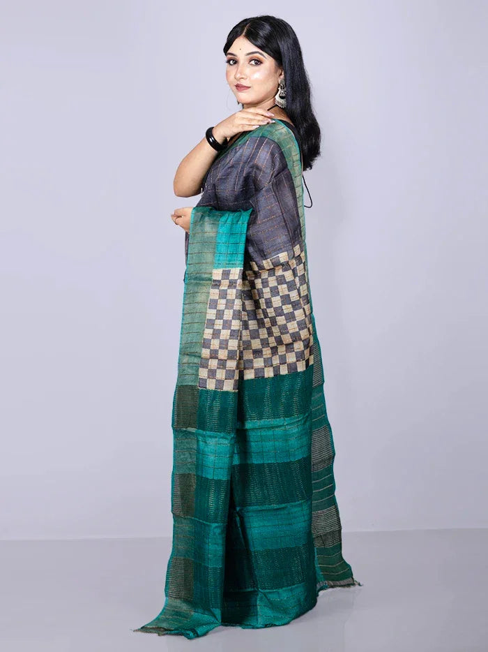 Elegant Black Allover Block Printed Tussar Silk Saree - WeaversIndia