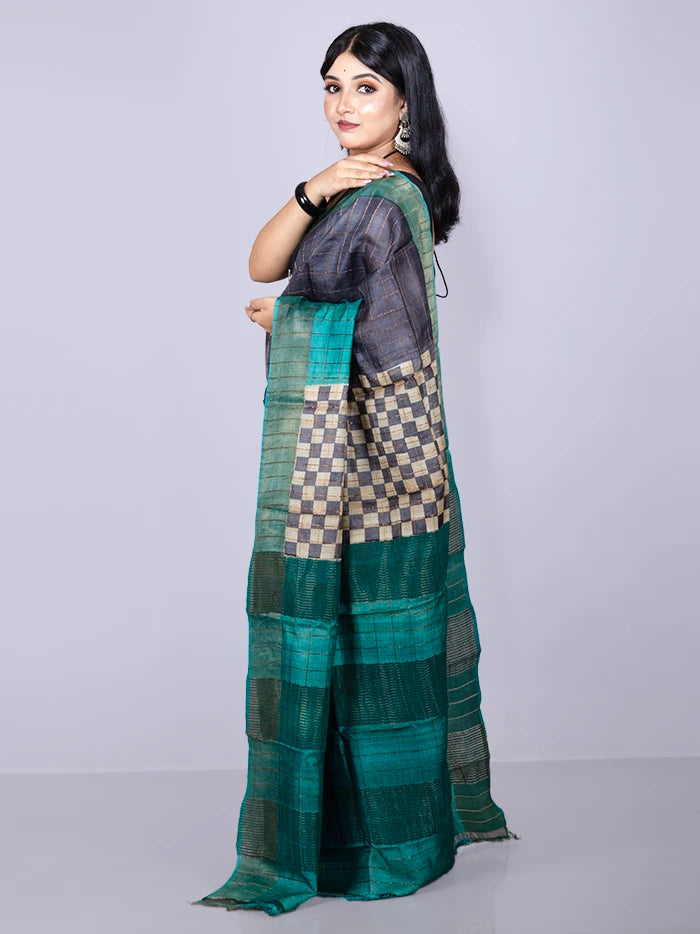Elegant Black Allover Block Printed Tussar Silk Saree