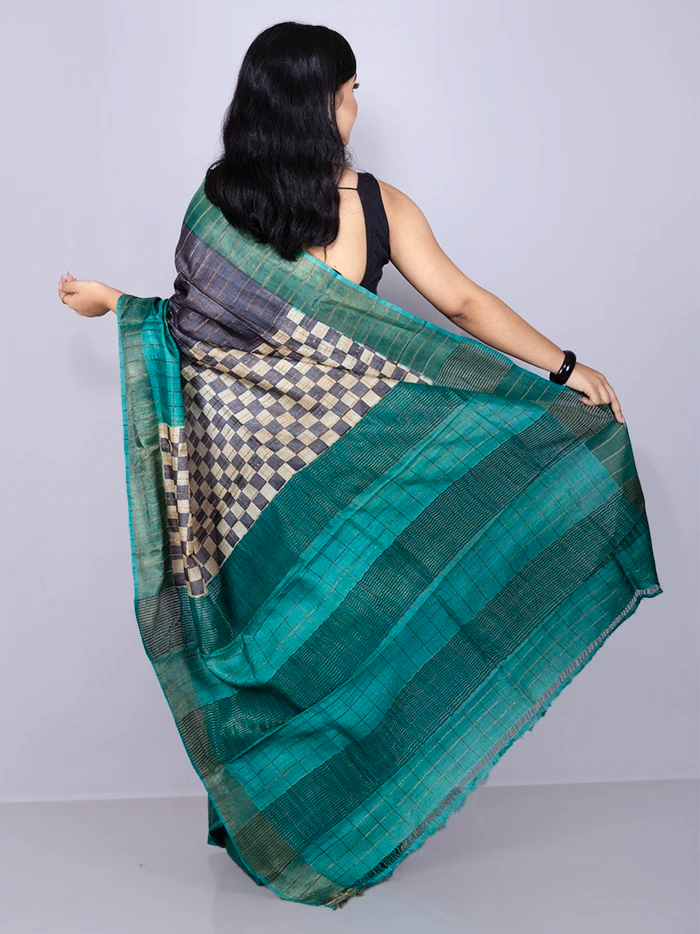 Elegant Black Allover Block Printed Tussar Silk Saree