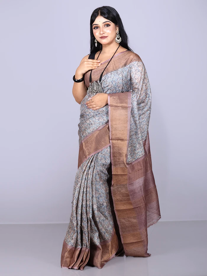 Elegant Allover Block Printed Tussar Silk Saree