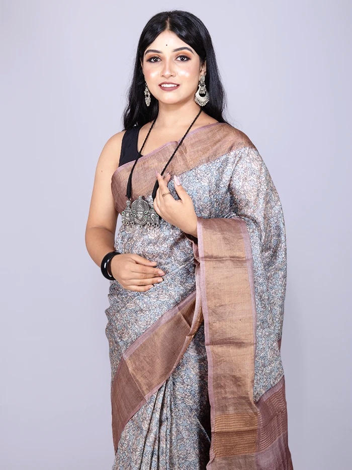 Elegant Allover Block Printed Tussar Silk Saree