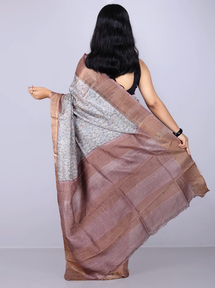 Elegant Allover Block Printed Tussar Silk Saree