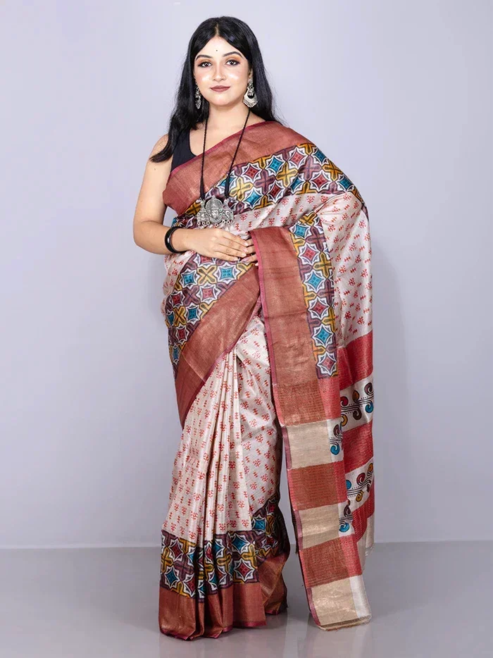 Elegant Allover Block Printed Tussar Silk Saree - WeaversIndia