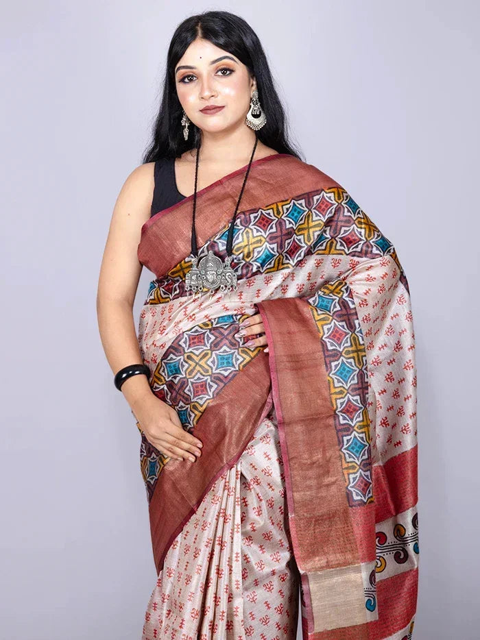 Elegant Allover Block Printed Tussar Silk Saree - WeaversIndia