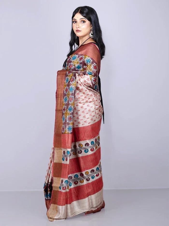 Elegant Allover Block Printed Tussar Silk Saree - WeaversIndia