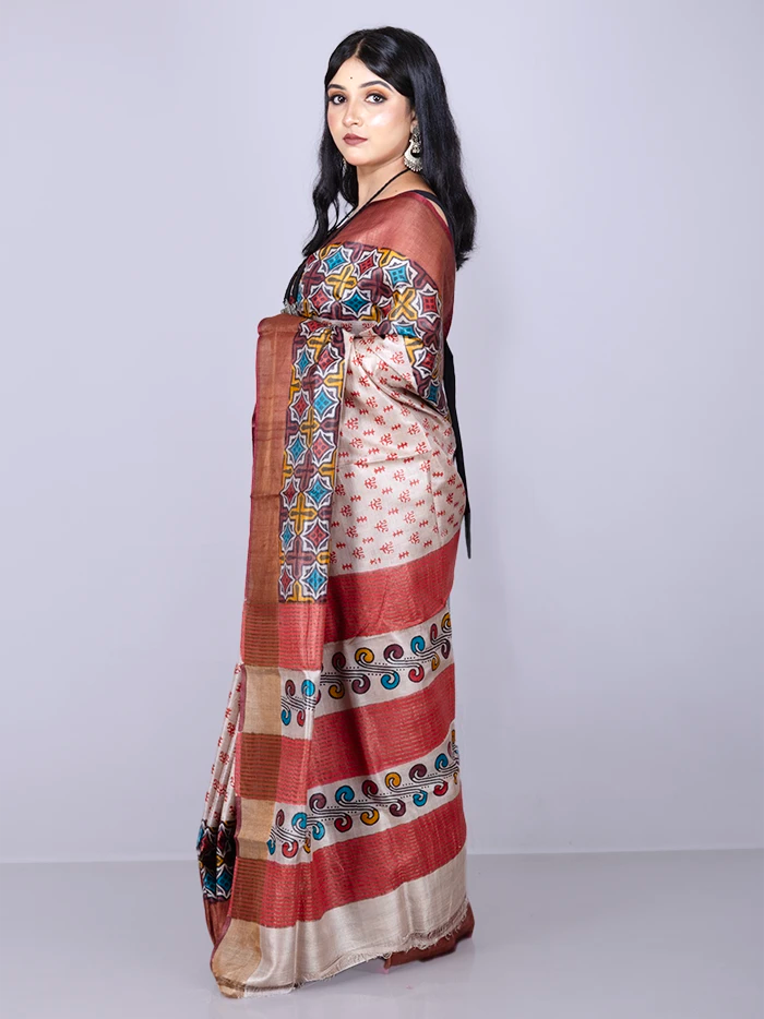 Elegant Allover Block Printed Tussar Silk Saree