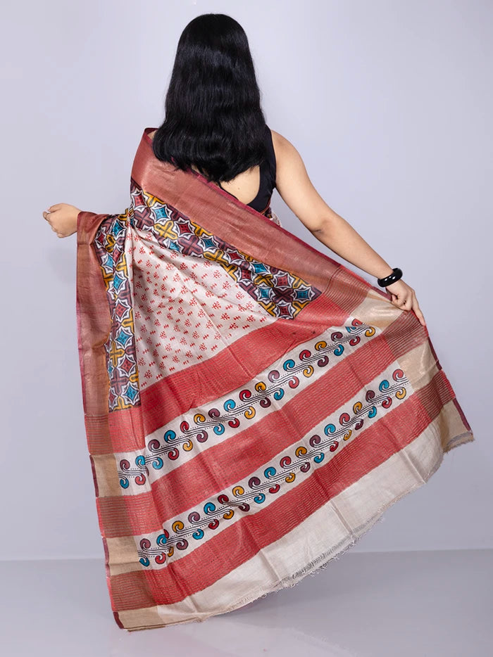 Elegant Allover Block Printed Tussar Silk Saree