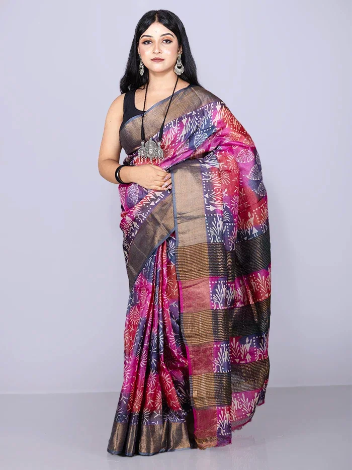Wonderful Multi Color Allover Block Printed Tussar Silk Saree - WeaversIndia