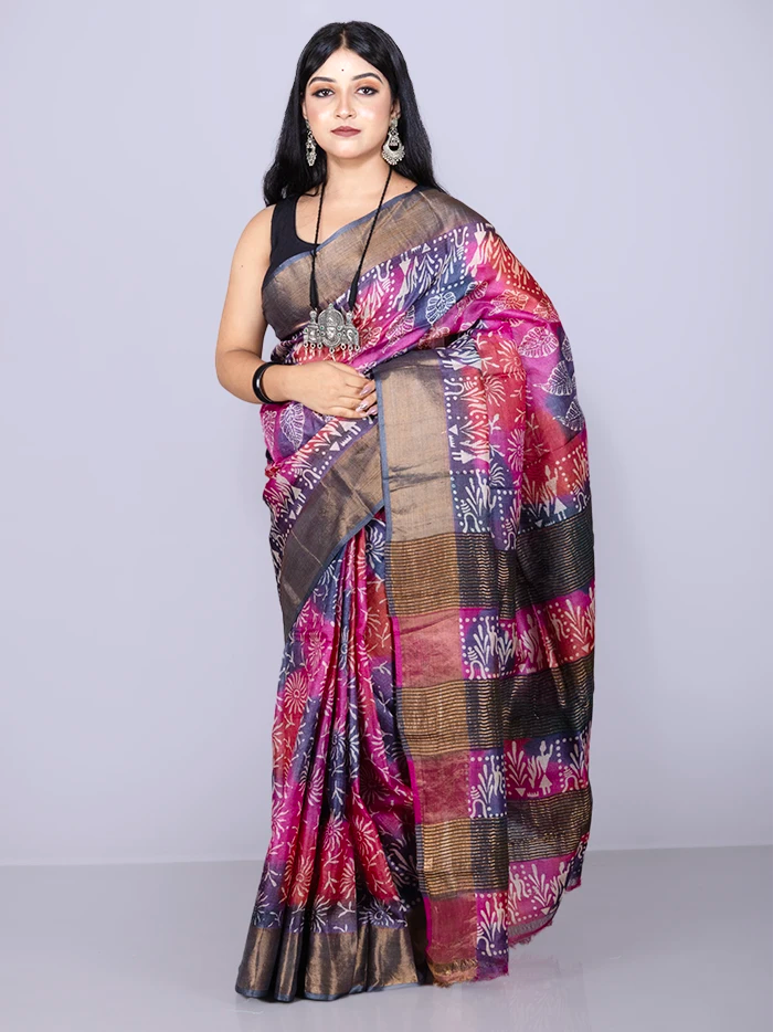 Wonderful Multi Color Allover Block Printed Tussar Silk Saree