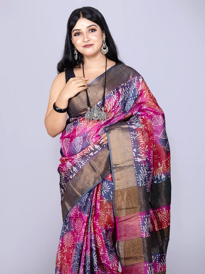 Wonderful Multi Color Allover Block Printed Tussar Silk Saree