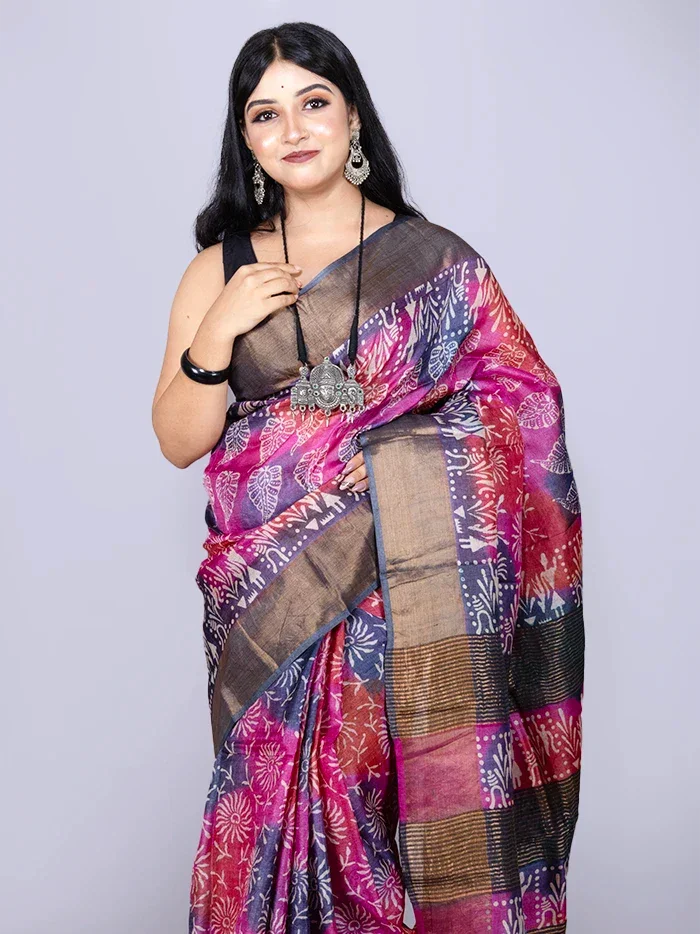 Wonderful Multi Color Allover Block Printed Tussar Silk Saree - WeaversIndia