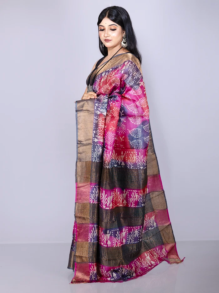 Wonderful Multi Color Allover Block Printed Tussar Silk Saree