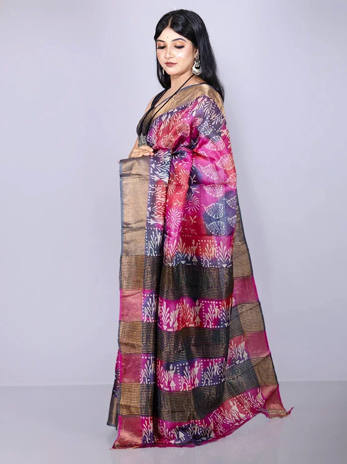 Wonderful Multi Color Allover Block Printed Tussar Silk Saree - WeaversIndia