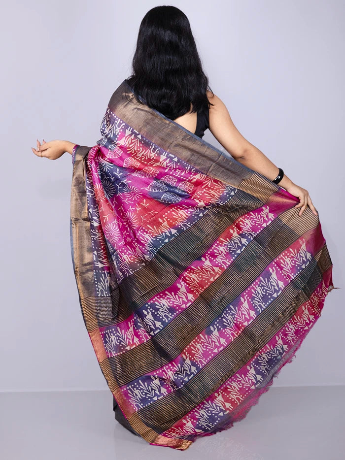 Wonderful Multi Color Allover Block Printed Tussar Silk Saree