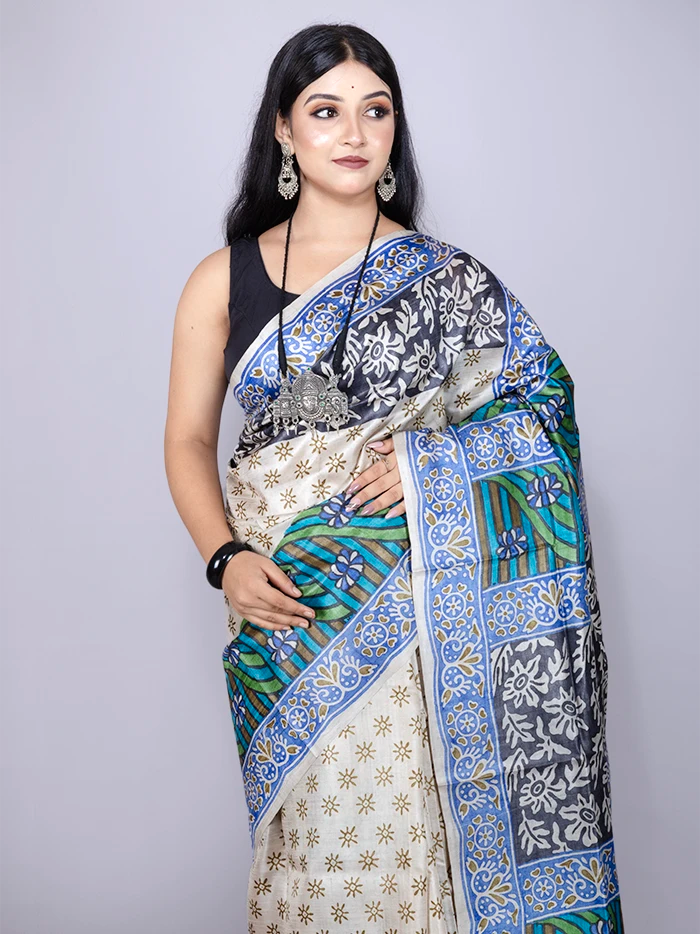 Elegant Allover Hand Painted Tussar Silk Saree