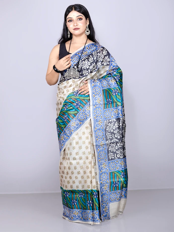 Elegant Allover Hand Painted Tussar Silk Saree