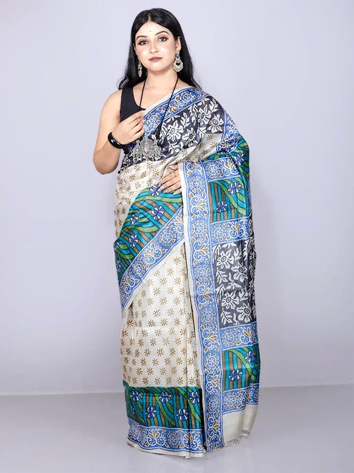 Elegant Allover Hand Painted Tussar Silk Saree