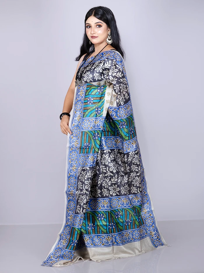 Elegant Allover Hand Painted Tussar Silk Saree