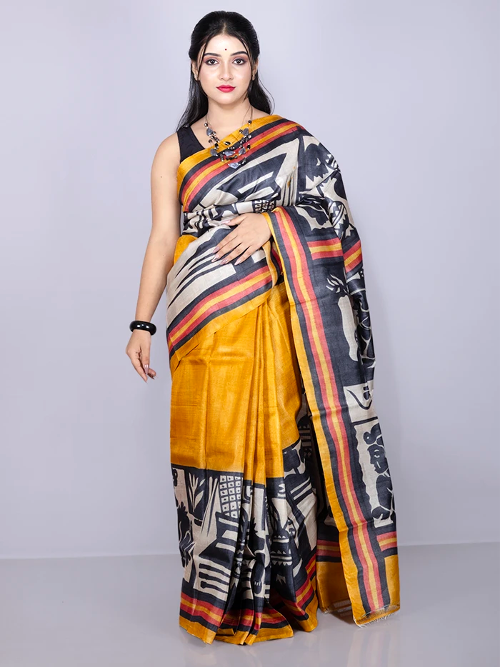 Elegant Mustard Colour Hand Painted Tussar Silk Saree