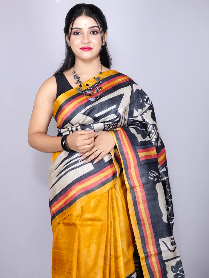 Elegant Mustard Colour Hand Painted Tussar Silk Saree