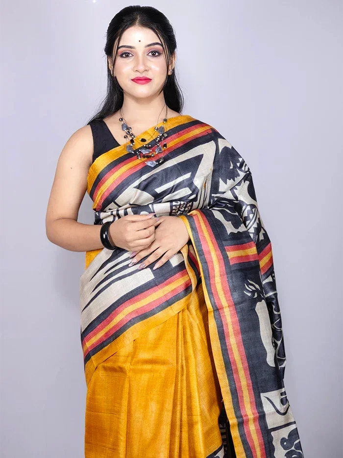 Elegant Mustard Colour Hand Painted Tussar Silk Saree
