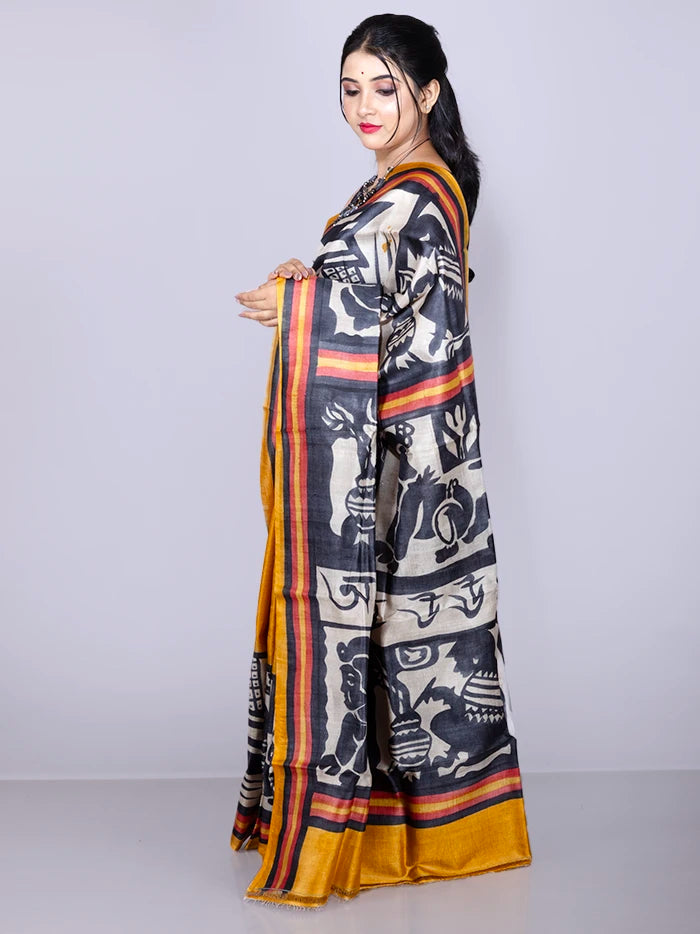 Elegant Mustard Colour Hand Painted Tussar Silk Saree