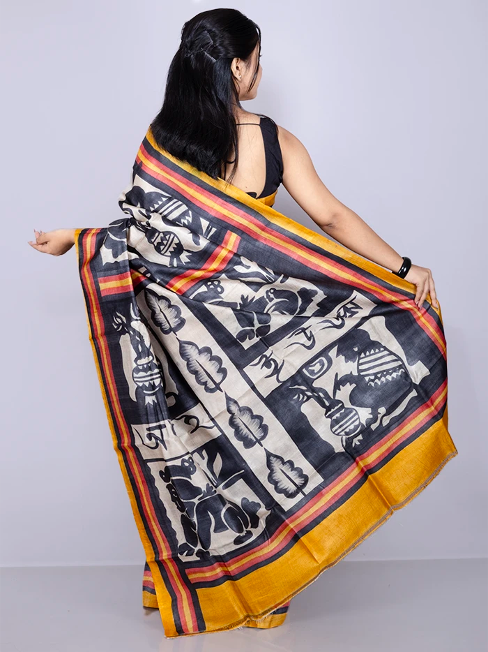 Elegant Mustard Colour Hand Painted Tussar Silk Saree
