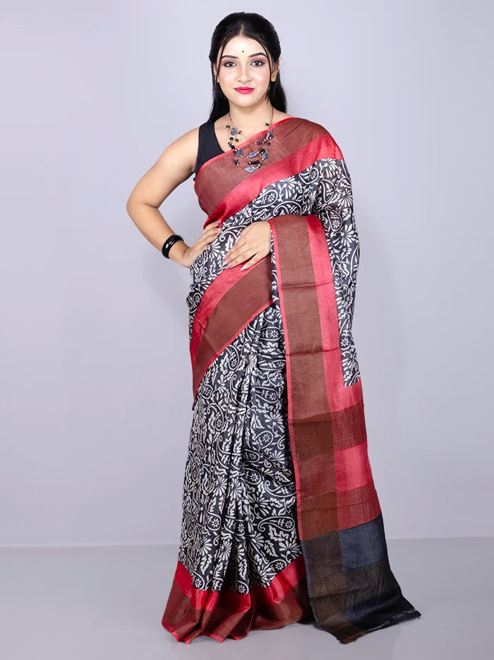Wonderful Black Allover Block Printed Tussar Silk Saree