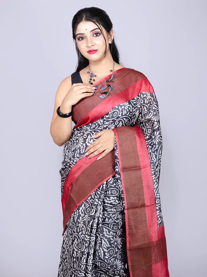 Wonderful Black Allover Block Printed Tussar Silk Saree