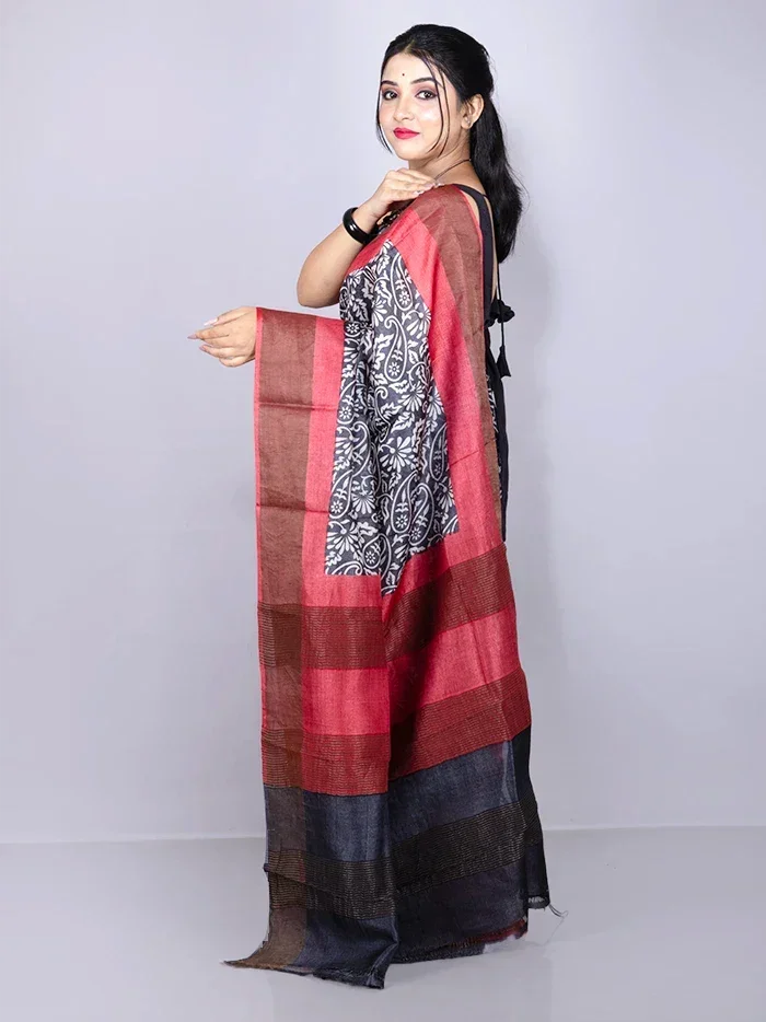 Wonderful Black Allover Block Printed Tussar Silk Saree - WeaversIndia